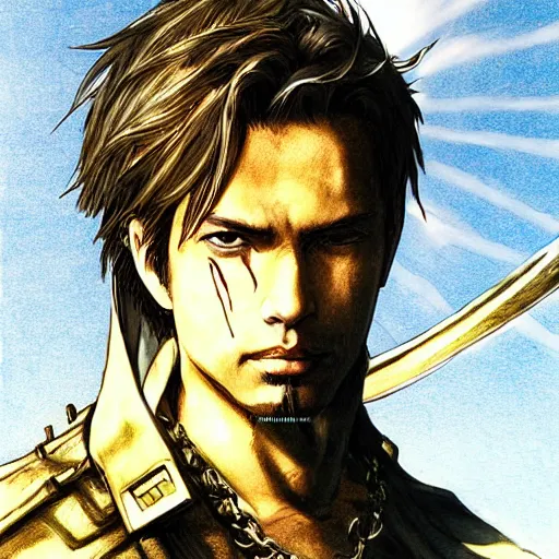 Prompt: portrait of a hero holding his sword in front of his face by yoji shinkawa, high quality, extra details, realism, ornate, colored, golden chain, blood, white skin, short hair, brown eyes, vivid, sunlight, dynamic, american man, freedom, white american soldier, pencil art