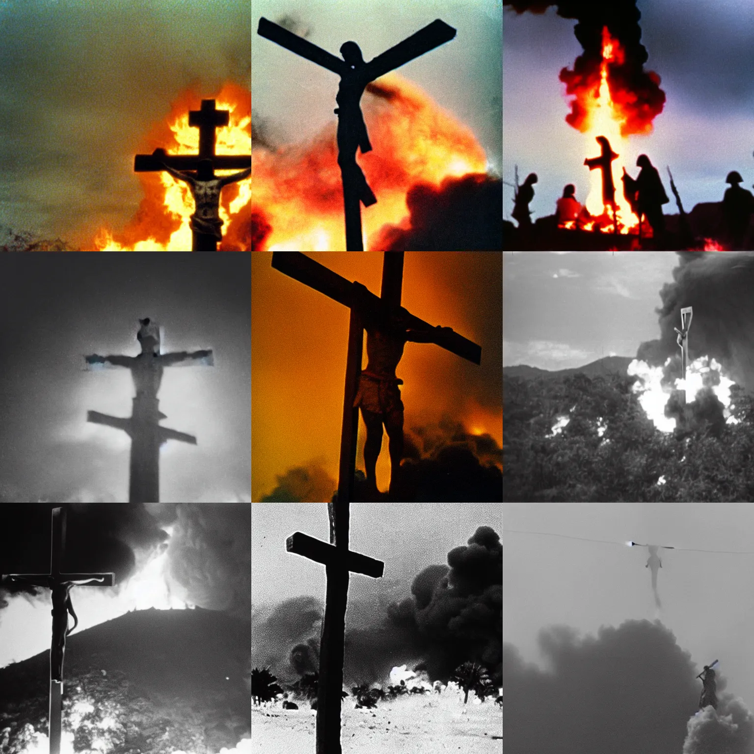 Prompt: grainy photograph of jesus on the cross above a napalm explosion in the vietnam war, shot onfilm, sharp focus, film grain, moody, cinematic