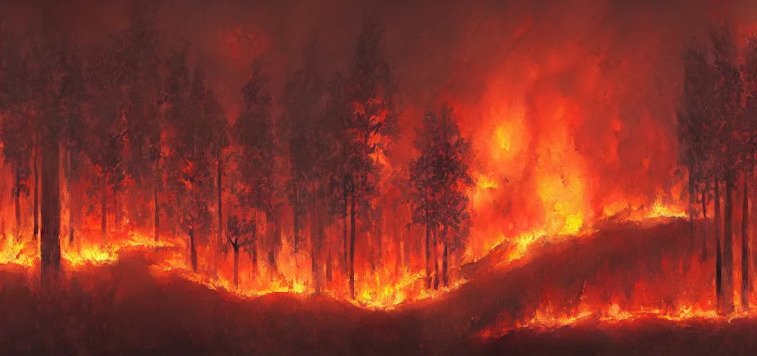 Prompt: full portrait of a forest fire, inferno, smoke, flames, dark, gloomy, horror, screaming, a small farm is burning in the distance, insanely detailed, photorealistic, cinematic, dramatic lighting,