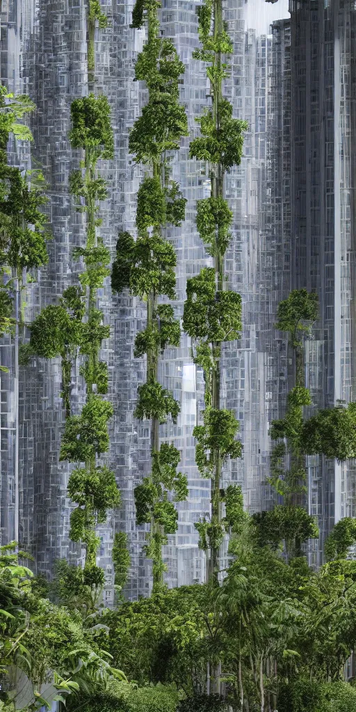 Prompt: an elevational photo by Andreas Gursky of 10 tall and slender futuristic mixed-use towers emerging out of the ground. The towers are covered with trees and ferns growing from floors and balconies. The towers are bundled very close together and stand straight and tall. The towers have 100 floors with deep balconies and hanging plants. Cinematic composition, volumetric lighting, foggy morning light, architectural photography, 8k, megascans, vray.