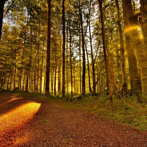 Prompt: woodland path golden hour wide angle, between the trees on the left is a portal to another land with bright sunlight inside, a silhouette of a humanoid stands in the portal, highly textured, adventurous