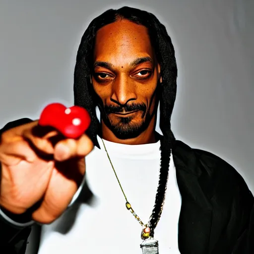 Image similar to Snoop Dog with big eyes eye color red , smiling and holding a joint in his hand