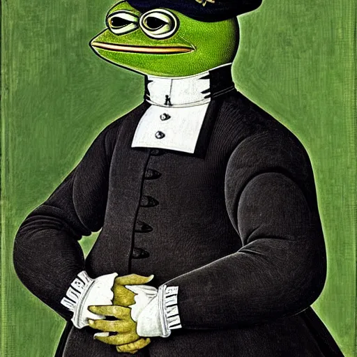 Prompt: pepe the frog as 1 9 th century prussian general, elegant portrait by sandro botticelli, detailed, symmetrical, intricate