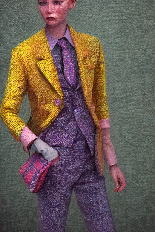 Image similar to a scene with a character wearing a super colorful muted color diy! suit, vivienne westwood!, detailed photoreal render octane render, pointillism, oil on canvas