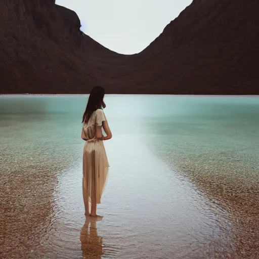 Image similar to a woman, standing in shallow endless water, backlit, backlit, photo by Marat Safin, Canon EOS R3, 35mm, f/1.4, ISO 200, 1/160s, 8K, RAW, unedited, symmetrical balance, in-frame