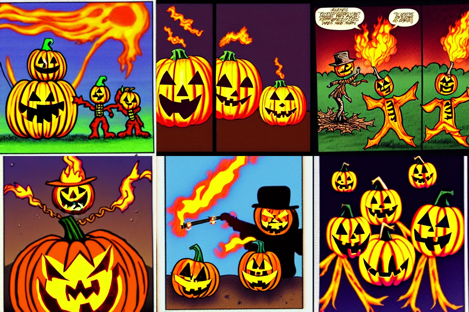 Prompt: Pumpkinmen holding flamethrowers fighting Scarecrows, comic panel