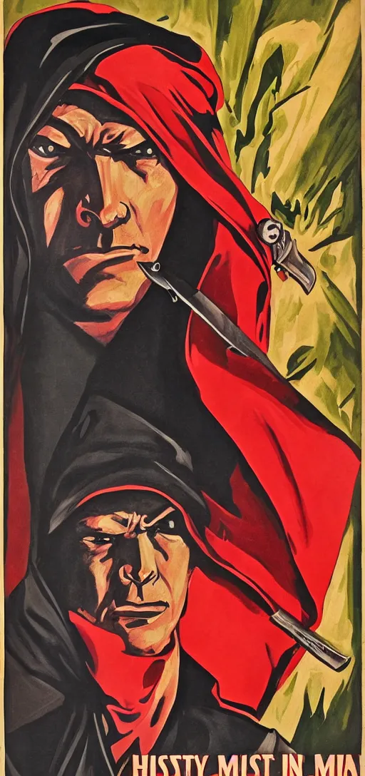 Prompt: mistery man in hood and red eyes with a knife, 1940s propaganda poster, full hd,highly detailed