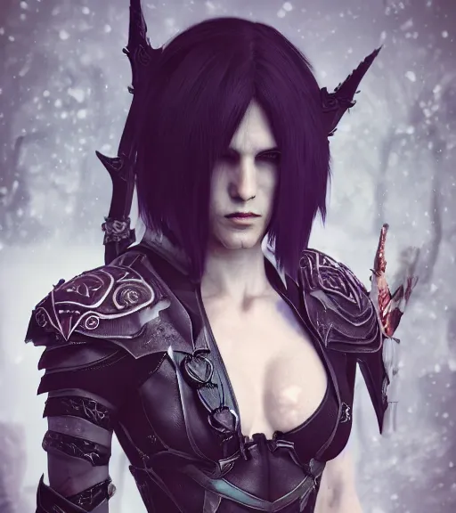 Prompt: V from Devil May Cry as an elf with black hair, wearing daedric armour, standing next to snow leopard, BLACK hair, tattoos, medium shot portrait by loish and WLOP, octane render, dynamic lighting, asymmetrical portrait, highly detailed, dark fantasy, trending on ArtStation, purple highlights