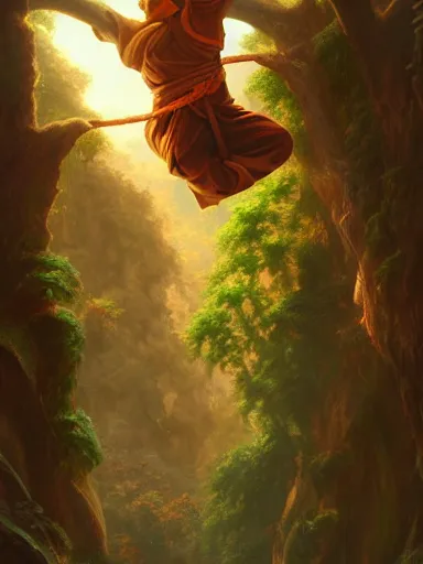 Image similar to a monk, hanging upside down from a tree, enlightenment. intricate, elegant, highly detailed, digital painting, artstation, concept art, sharp focus, illustration, by justin gerard and artgerm, 8 k