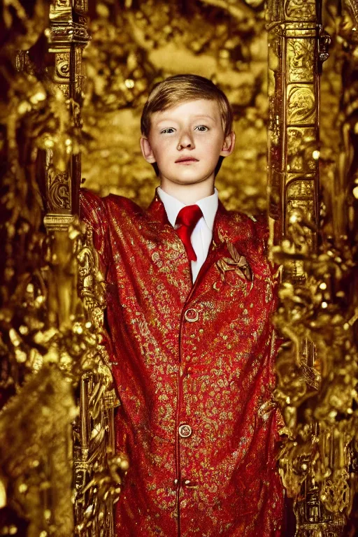 Prompt: portrait of God King Barron Trump ordained in gold and red diamonds. Badass pose. Photo realistic. Gregory Crewdson. Award winning. Masterpiece, exquisite detail, post processing, low angle, suspenseful