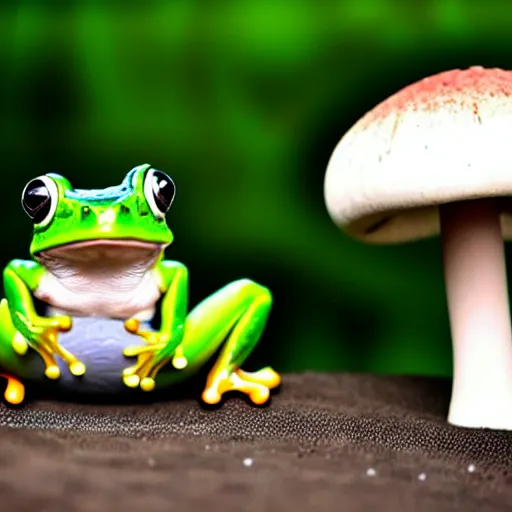 Prompt: cute frog with a mushroom hat