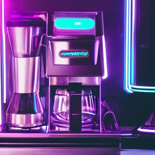 Image similar to a cyberpunk coffee machine, neon lights, vaporware colors.