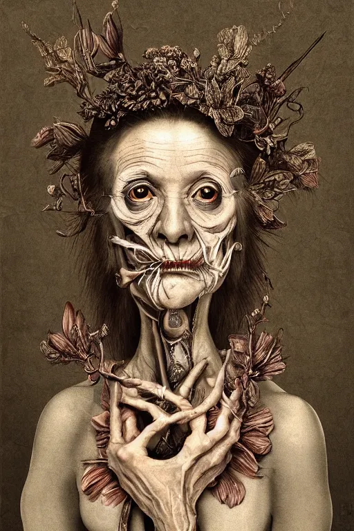 Image similar to Detailed maximalist portrait of a beautiful old woman with large lips and eyes, scared expression, botanical skeletal with extra flesh, HD mixed media, 3D collage, highly detailed and intricate, surreal illustration in the style of Caravaggio, dark art, baroque