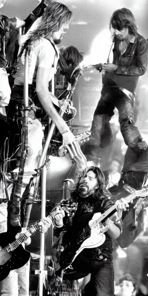 Prompt: kris noveselic sending kurt cobain out of a cannon while dave grohl keeps it cool after breaking his finger, the moon rock and roll club, new haven connecticut september 26 1991