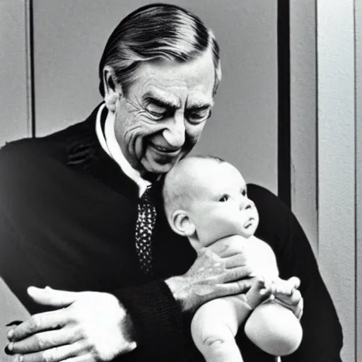 Prompt: mr. rogers proudly displaying an upside - down infant. 1 9 7 0 s studio color photo.