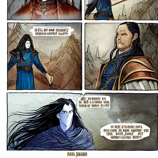 Prompt: Fingolfin, the Highking of the Noldor with black hair and blue, glowing eyes, fighting Melkor, the Dark Lord and Master of all evil in front of his dark and gigantic fortress Angband
