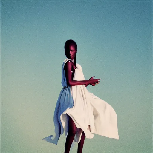 Prompt: african woman in the desert with a white dress photographed by neil krug