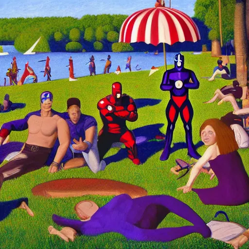 Image similar to ironman, thanos, captain america a sunday afternoon on the island of la grande jatte, painting