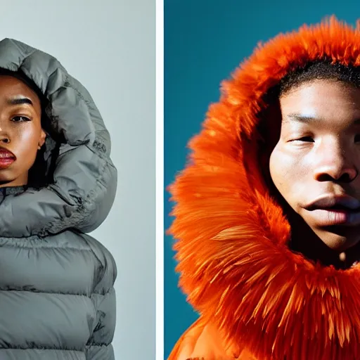 Image similar to realistic photoshooting for a new issey miyake lookbook, color film photography, portrait of a beautiful woman, model is wearing a puffer mask, in style of tyler mitchell, 3 5 mm,