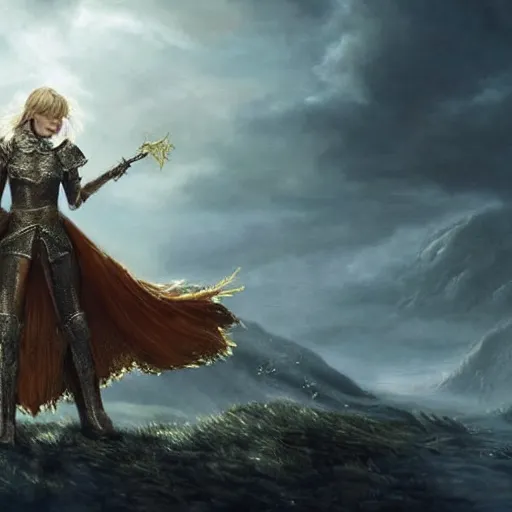 Image similar to the picture of taylor swift in a knight armor, epic fantasy art, mystical, mystic atmosphere, mythology, photo realistic, high detail, ultra realistic, hyper realistic, high definiton, 4 k uhd,