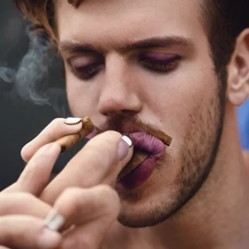 Image similar to a closeup photo of handsome gigachad elrubius smoking a cigar