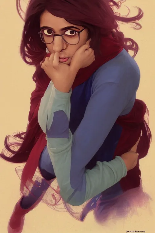 Image similar to A Full View of Kamala Khan played by Iman Vellani, filled with wonder. MCU. John hughes film. masterpiece 4k digital illustration by Ruan Jia and Mandy Jurgens and Artgerm and greg rutkowski and Alexander Tsaruk and WLOP and william-adolphe bouguereau, award winning, Artstation, art nouveau aesthetic, Alphonse Mucha background, intricate details, realistic, panoramic view, Hyperdetailed, 8k resolution, intricate art nouveau