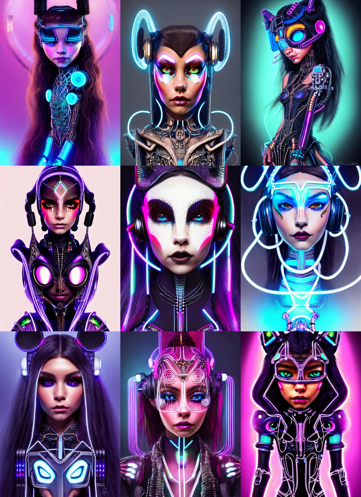 Prompt: disney weta portrait, stunning lustrous ivory gothic raver clowncore madison beer aztec cyborg, earbuds, tron bling, sci - fi, fantasy, cyberpunk, intricate, decadent, highly detailed, digital painting, ever after high, octane render, artstation, concept art, smooth, sharp focus, illustration, art by artgerm, loish, wlop