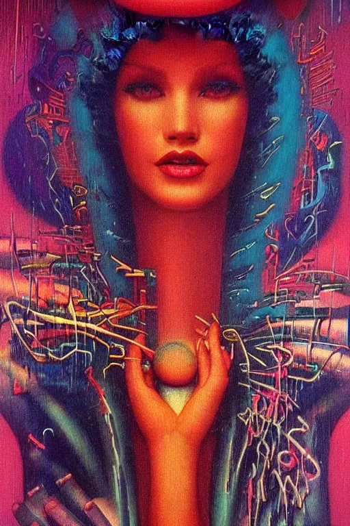 Image similar to 8 0 s art deco close up portait of miss of the world, rain like a dream oil painting curvalinear clothing cinematic dramatic cyberpunk textural fluid lines otherworldly vaporwave interesting details fantasy lut epic composition by basquiat zdzisław beksinski james jean artgerm rutkowski moebius francis bacon gustav klimt