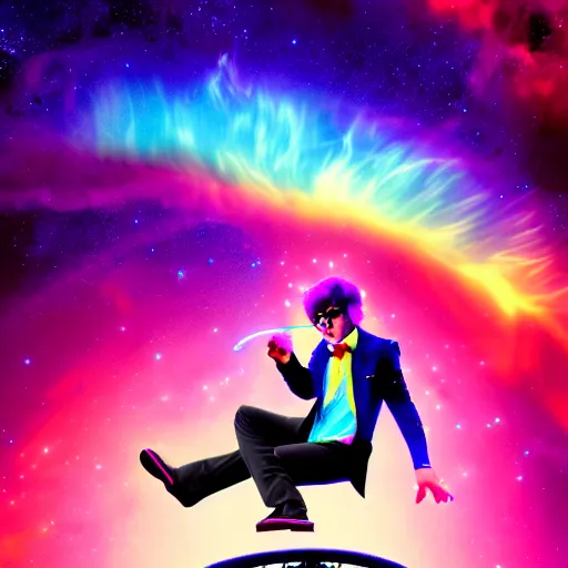 Image similar to austin powers riding a unicycle, clouds, nebulae, starburst, neon colors, dreamy, phone wallpaper, 4 k, unreal engine, artstation, colorful, beautiful