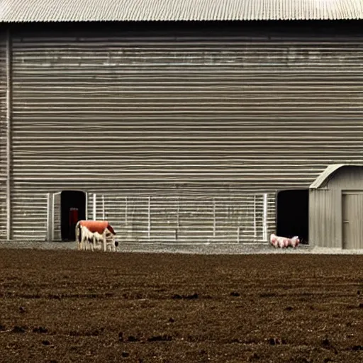 Image similar to exterior view of modern futuristic farm barn architecture, silo, feed troughs, cows, pigs, chickens, detailed luminescent oil painting 4 k