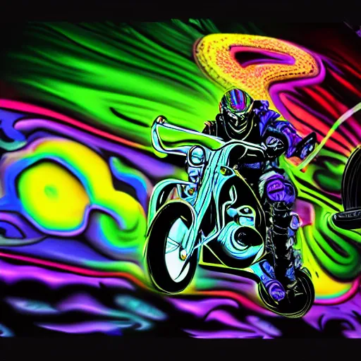 Image similar to psychedelic colorful blacklight airbrush artwork, motorcycle, stylized action shot of an orc biker riding a motorcycle, menacing orc, drifting, skidding, wheelie, clear focused details, soft airbrushed artwork, black background, cgsociety, artstation