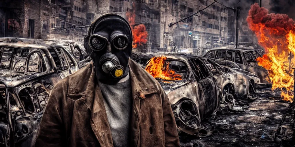 Image similar to post - apocalyptic city streets, close - up shot of an anarchist with a gasmask, burned cars, colorful smoke, hyperrealistic, gritty, damaged, dark, urban photography, photorealistic, high details