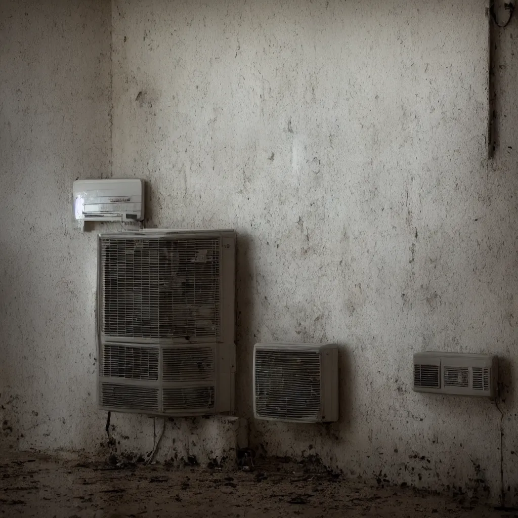 Image similar to an air conditioner above a window in a teenager's room flooding dirty water, blurred, faded, depth of field, sunny, ultra realistic, very detailed, by nadav kander, 8 k hyper realistic detailed cinematic still