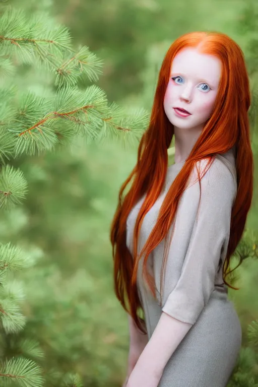 Image similar to a portrait of a redhead beautiful girl, green eyes, highly detailed, 3 5 mm f 1. 4 background silver fir