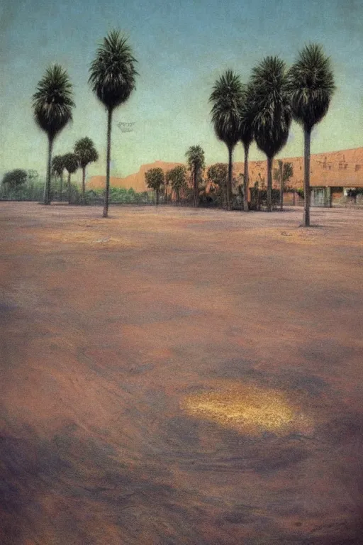 Prompt: southern california palm trees! empty parking lot painted by beksinski