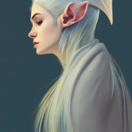 Prompt: side portrait of very beautiful elf, wearing a hood, hair over face, headshot, looking up, hyper realistic, pale skin, blinding white hair, 4k, rule of thirds, extreme detail, detailed drawing, trending artstation, hd, fantasy, D&D, realistic lighting, by Alphonse Mucha, Greg Rutkowski, sharp focus, backlit, elegant