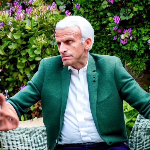 Image similar to mid white hair old emmanuel macron with green shirt and white short, sitting in ile de re house garden