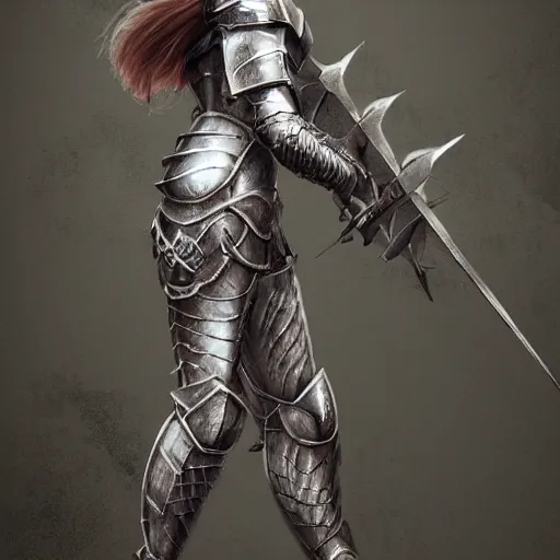 Image similar to female knight, intricate etched armor, standing astride a gate, artstation, in the style of Lucia Hsiang, clean