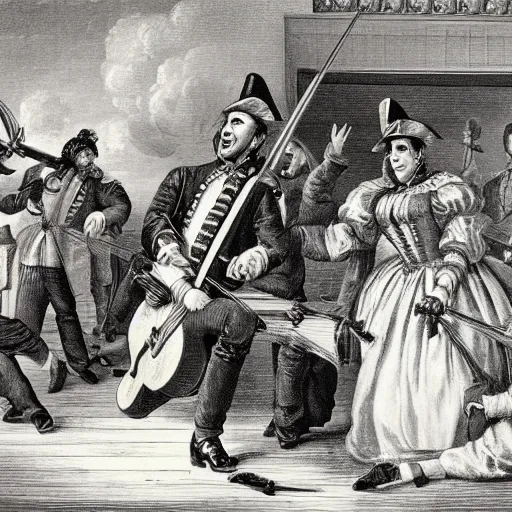Prompt: Laughter and music made of muskets