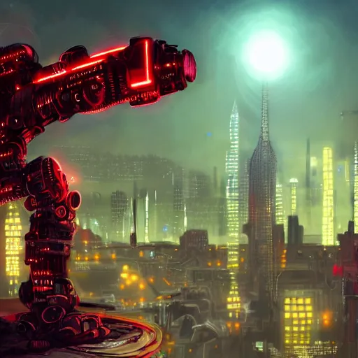 Prompt: character with short white hair who is half machine, robotic arm, overlooking city, neonpunk, dystopian, scifi, intricate, detailed red lighting, digital art, trending on artstation