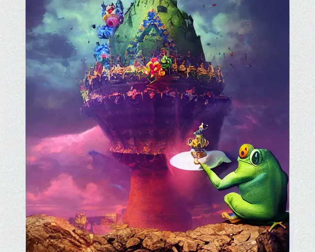 Image similar to The Clown Frog King looks down from the clown castle at a furious battle below, king pepe with rainbow wig, painting by Frank Frazetta, 3D render by Beeple