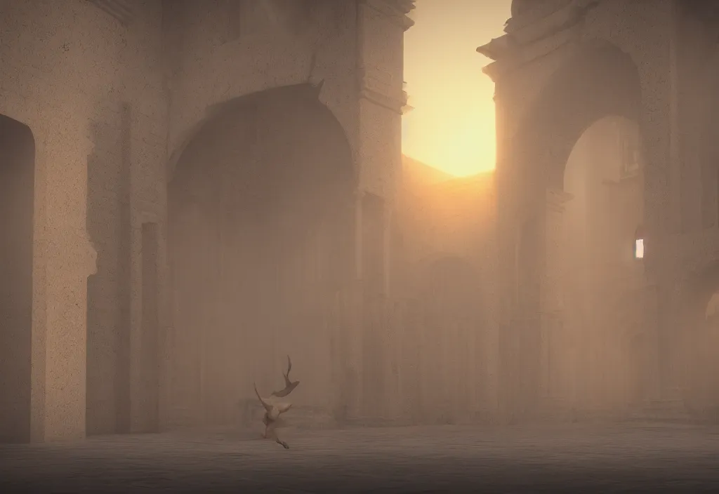 Prompt: a sfx demon inside a pristine palace, sunset, rendered in octane, mood fog