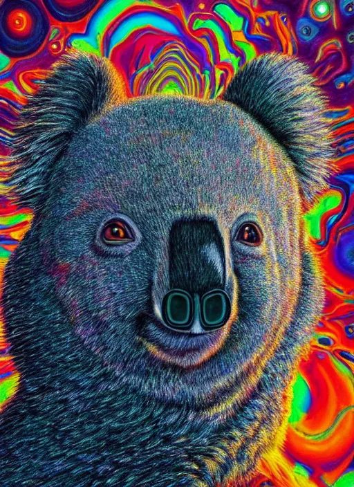 Prompt: portrait ultra dimensional koala entity, accidentally tripping on dmt and acid, psychedelic experience, overwhelming psychosis of self realization and burning awakening, ultra high definition, unreal engine 5, hyperrealism, masterpiece composition, by casey weldon, barclay shaw