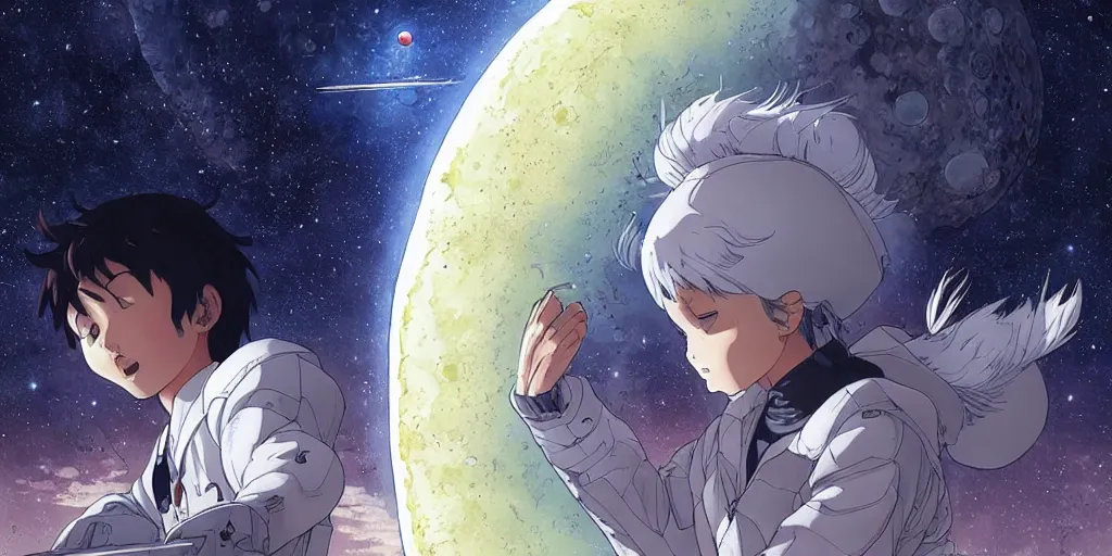 Image similar to war between a planet and it's moon, protection shield, art by makoto shinkai and alan bean, yukito kishiro