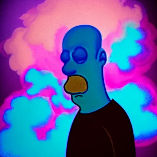 Prompt: dramatic lighting photo of a beautiful homer simpson with cotton candy hair. paint splashes. moody and melancholy. with a little bit of cyan and pink