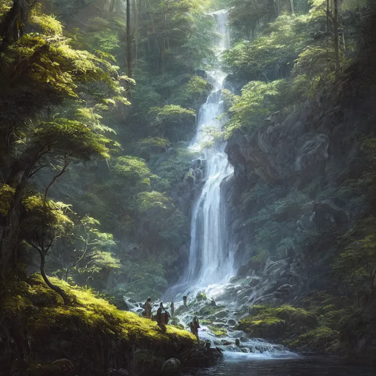 Image similar to A beautiful oil painting of a very tall waterfall on a very rocky cliff, in the middle of a huge forest of trees with bright blue glowing leaves, by Greg Rutkowski