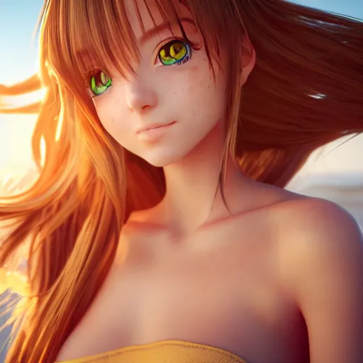 Image similar to Render of a very beautiful anime girl, long hair, hazel eyes, cute freckles, full round face, short smile, cute sundress, golden hour, serene beach setting, medium shot, mid-shot, highly detailed, trending on Artstation, Unreal Engine 4k