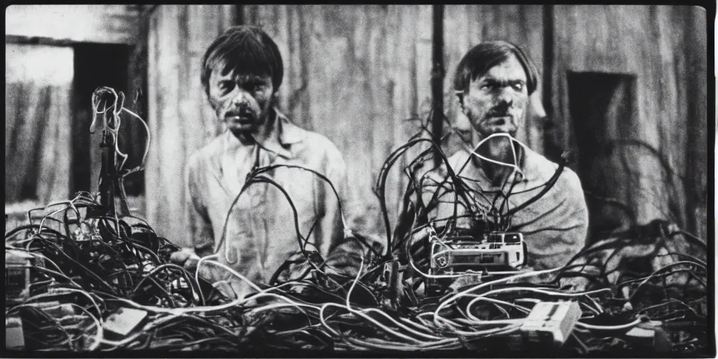 Prompt: detailed medium format photo, polaroid still from tarkovsky movie, a human trash panda character, holding a box of cables and standing next to old electronic equiptment, haze, high production value, intricate details, 8 k resolution, hyperrealistic, hdr, photorealistic, high definition, technicolor, award - winning photography, masterpiece, black and white