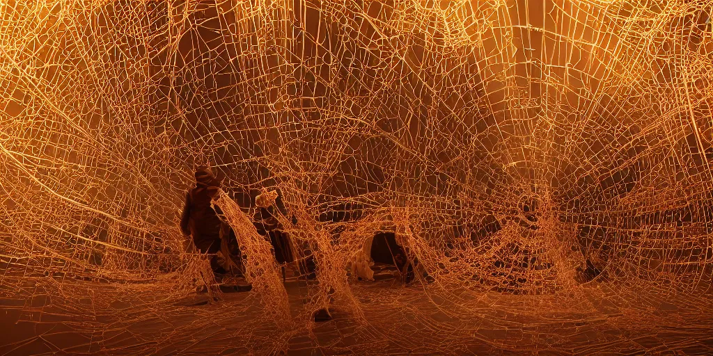 Prompt: A Stanley Kubrick film shot, an ornate triumphant real characters made out of intricate metallic filament webs with cutaways to see into their human inside built out of dust and light, gathering in a dusty desert at sunset, wow, magical, crystal lighting, photo-realism, very detailed feel, rendered in Octane, tiny points of light, caustic, 4k, beautiful lighting, backlit