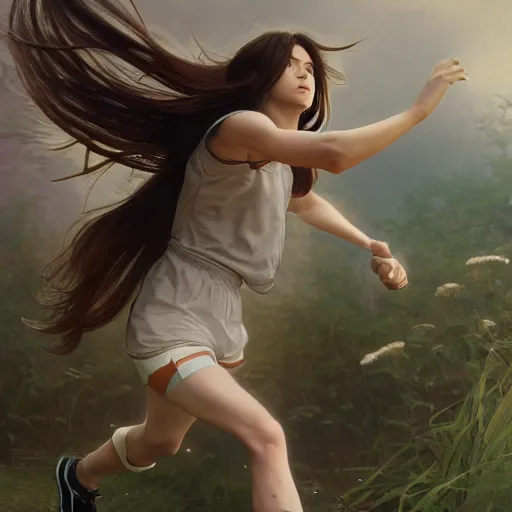 Prompt: a girl is running, sport clothing, sport anime, long hair, hair down, symmetrical facial features, from arknights, hyper realistic, highly detailed, rule of thirds, extreme detail, detailed drawing, trending artstation, realistic lighting, sport magazine, by alphonse mucha, greg rutkowski, sharp focus, backlit, real faces, realistic anatomy